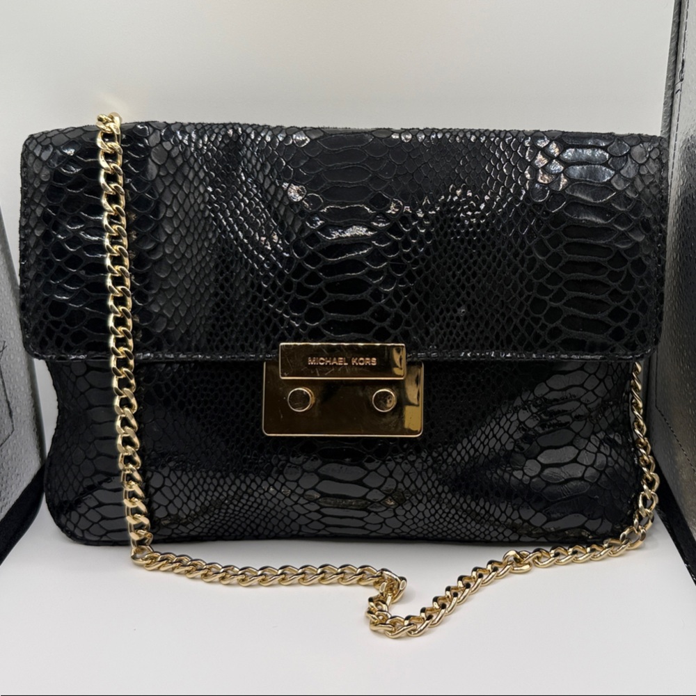 Michael Kors Black Embossed Clutch with Gold Chain